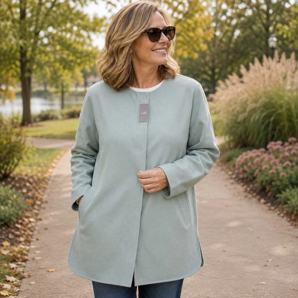 Jill Wool Blend Coat XL White Jade Collarless Snap Front NWT